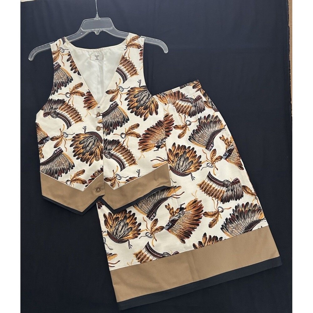 Vintage Western Americana Vest & Pencil Skirt Set First Nation Headdress Pattern